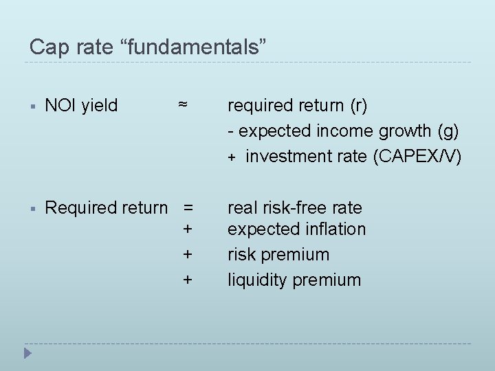 Cap rate “fundamentals” § NOI yield ≈ § Required return = + + +