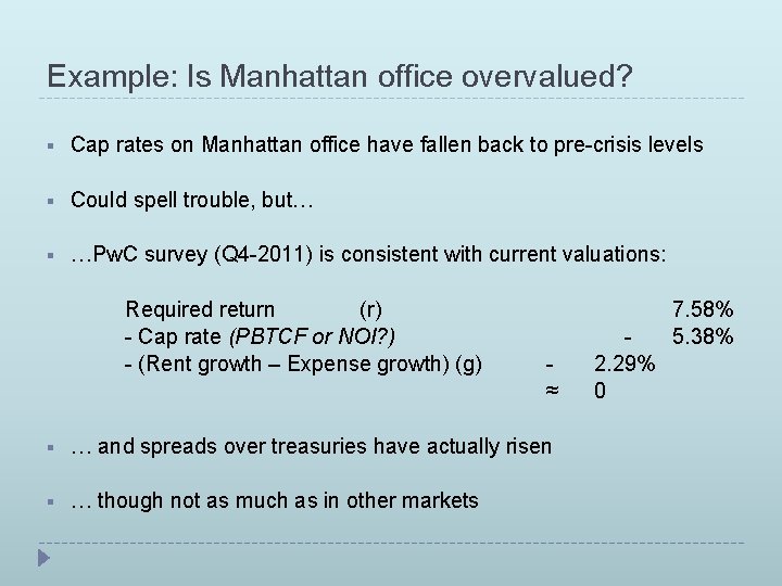 Example: Is Manhattan office overvalued? § Cap rates on Manhattan office have fallen back