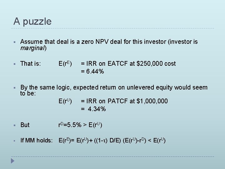 A puzzle § Assume that deal is a zero NPV deal for this investor