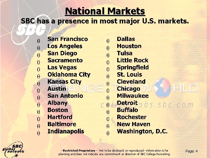 National Markets SBC has a presence in most major U. S. markets. - Restricted