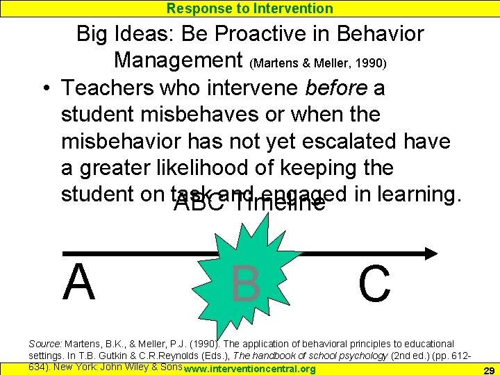 Response to Intervention Big Ideas: Be Proactive in Behavior Management (Martens & Meller, 1990)