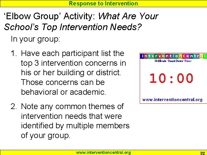 Response to Intervention ‘Elbow Group’ Activity: What Are Your School’s Top Intervention Needs? In