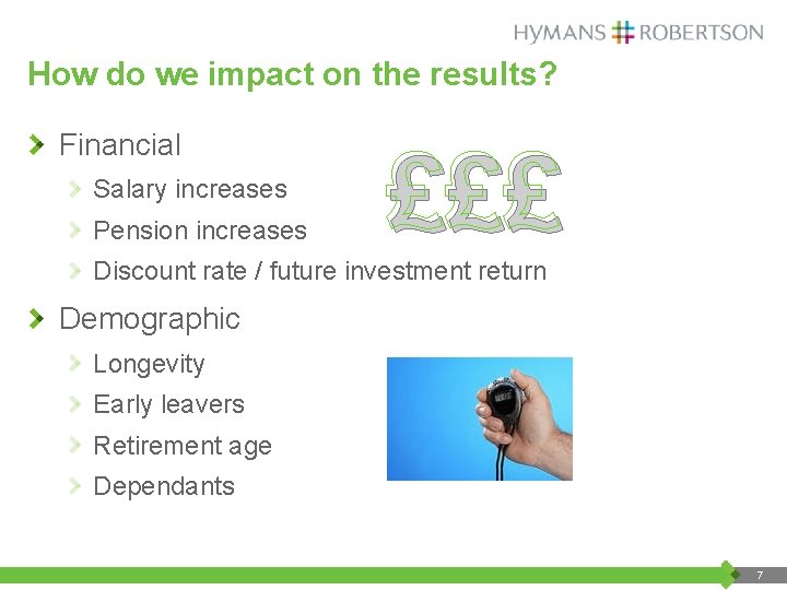How do we impact on the results? Financial Salary increases Pension increases £££ Discount