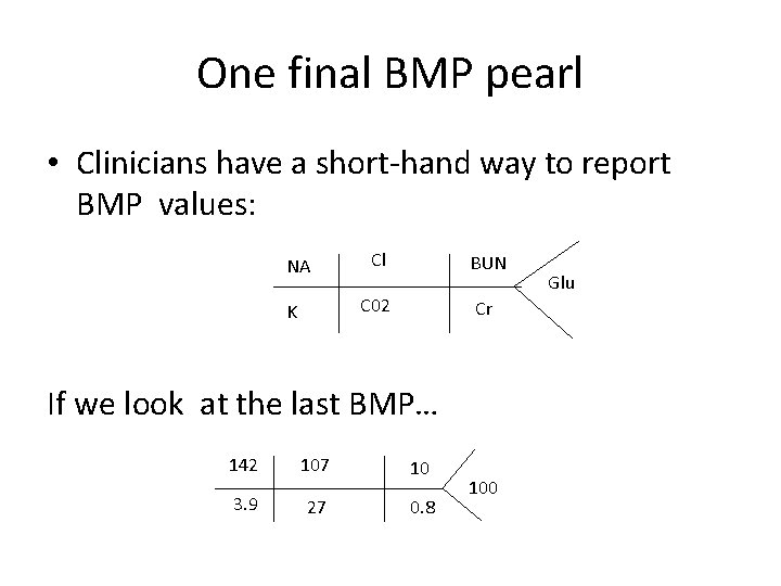 One final BMP pearl • Clinicians have a short-hand way to report BMP values: