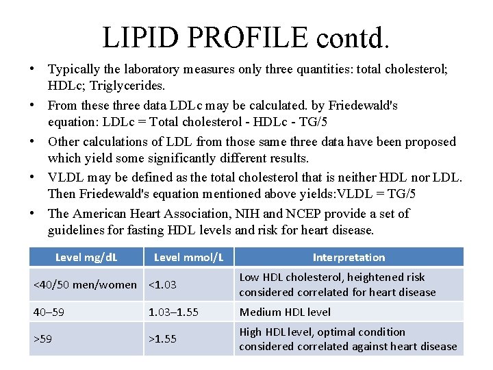 LIPID PROFILE contd. • Typically the laboratory measures only three quantities: total cholesterol; HDLc;