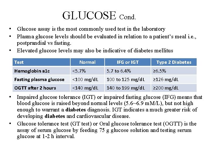 GLUCOSE Cond. • Glucose assay is the most commonly used test in the laboratory