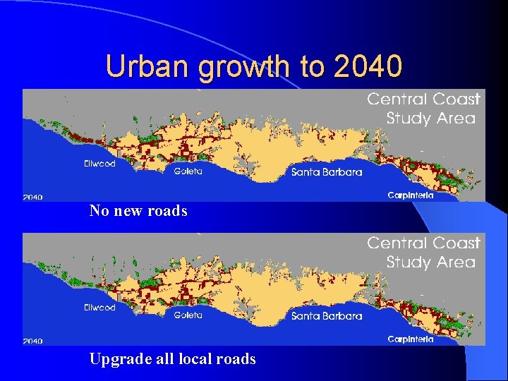 Urban growth to 2040 No new roads Upgrade all local roads 