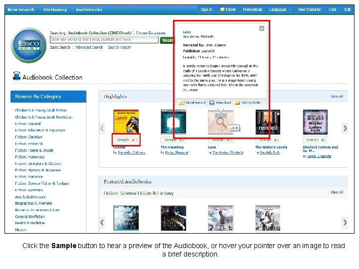 Click the Sample button to hear a preview of the Audiobook, or hover your