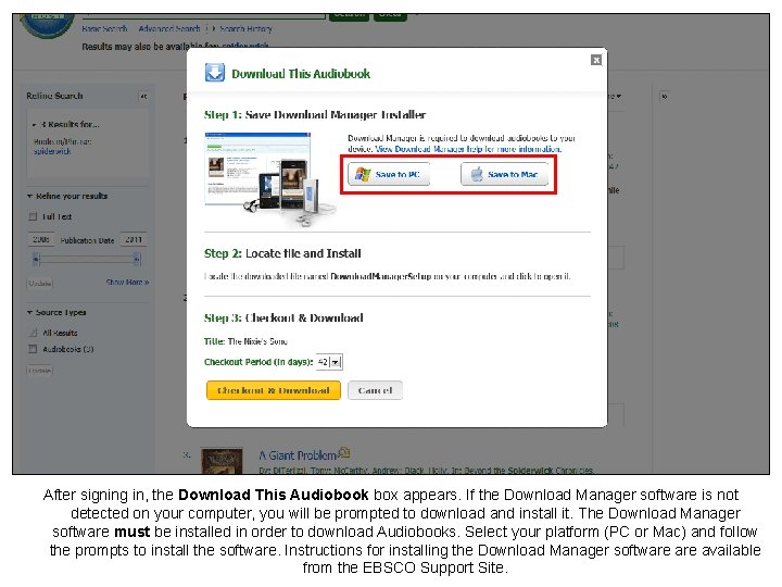 After signing in, the Download This Audiobook box appears. If the Download Manager software