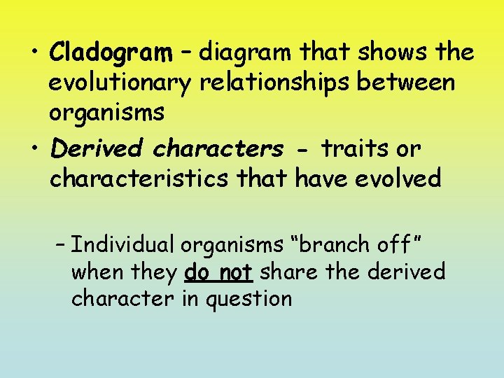  • Cladogram – diagram that shows the evolutionary relationships between organisms • Derived