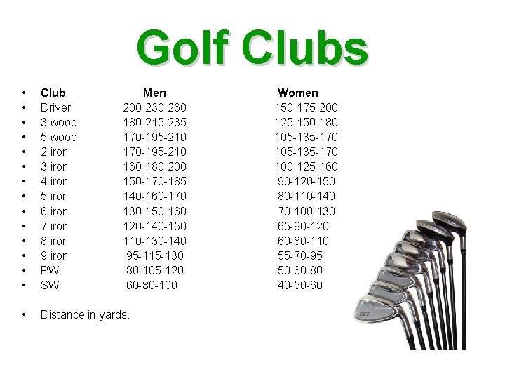 Golf Clubs • • • • Club Driver 3 wood 5 wood 2 iron