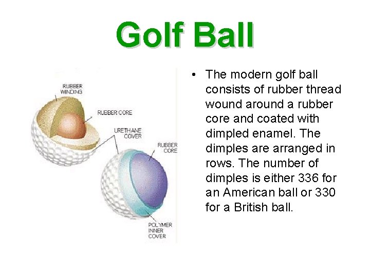 Golf Ball • The modern golf ball consists of rubber thread wound around a