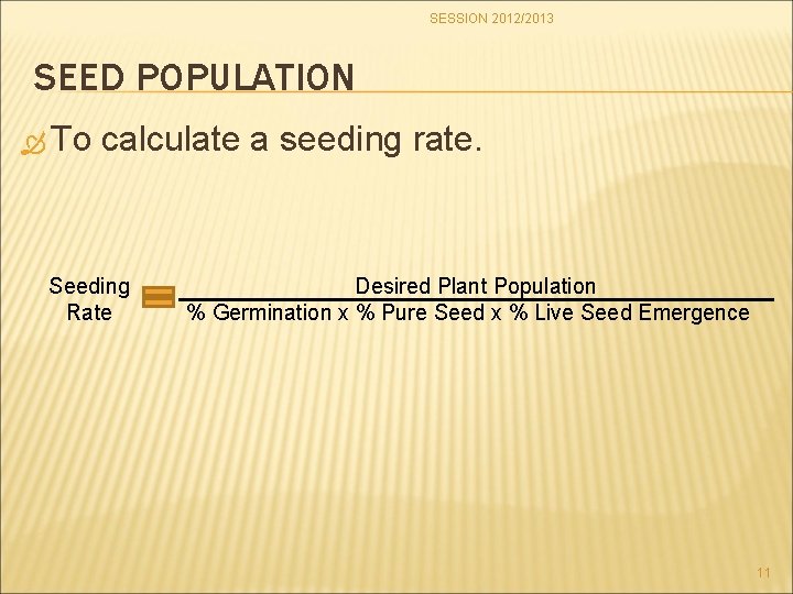 SESSION 2012/2013 SEED POPULATION To calculate a seeding rate. Seeding Rate Desired Plant Population