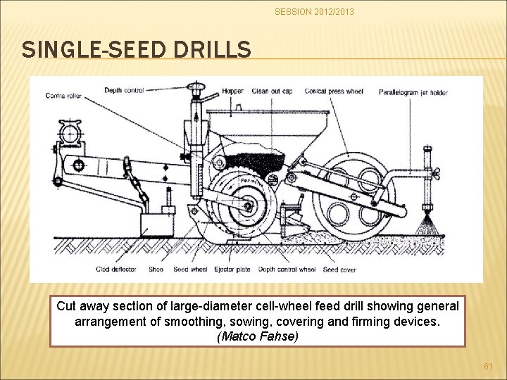 SESSION 2012/2013 SINGLE-SEED DRILLS Cut away section of large-diameter cell-wheel feed drill showing general