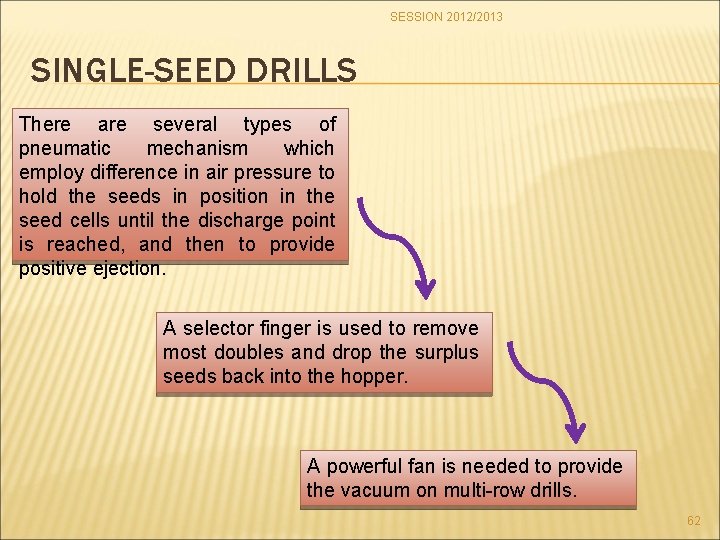 SESSION 2012/2013 SINGLE-SEED DRILLS There are several types of pneumatic mechanism which employ difference