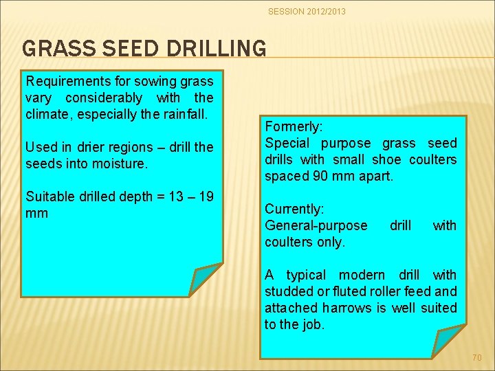 SESSION 2012/2013 GRASS SEED DRILLING Requirements for sowing grass vary considerably with the climate,