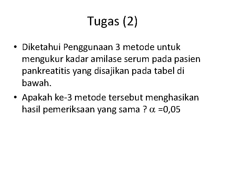 Tugas (2) • Diketahui Penggunaan 3 metode untuk mengukur kadar amilase serum pada pasien