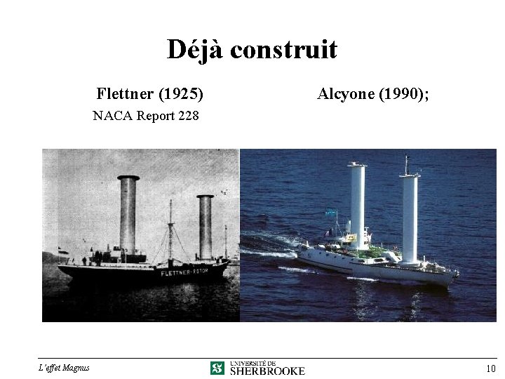 Déjà construit Flettner (1925) Alcyone (1990); NACA Report 228 L’effet Magnus 10 