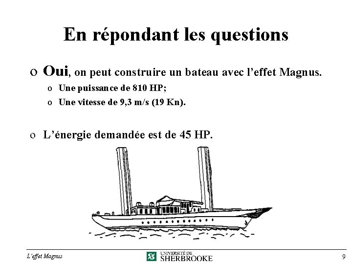 En répondant les questions o Oui, on peut construire un bateau avec l’effet Magnus.