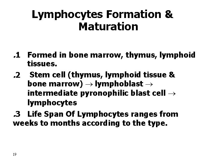 Lymphocytes Formation & Maturation. 1 Formed in bone marrow, thymus, lymphoid tissues. . 2