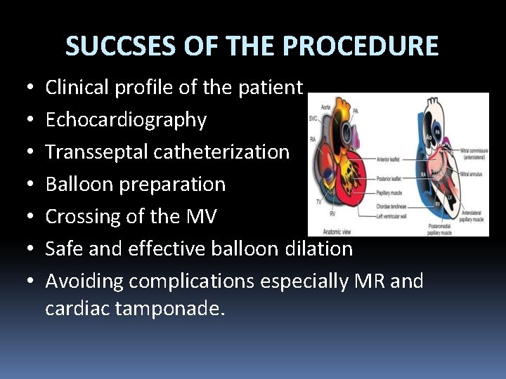 SUCCSES OF THE PROCEDURE • • Clinical profile of the patient Echocardiography Transseptal catheterization