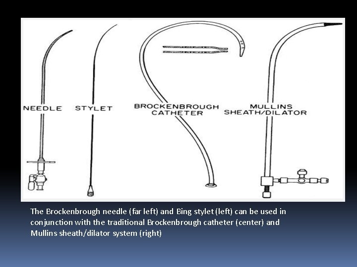 The Brockenbrough needle (far left) and Bing stylet (left) can be used in conjunction