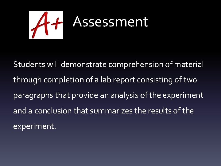 Assessment Students will demonstrate comprehension of material through completion of a lab report consisting