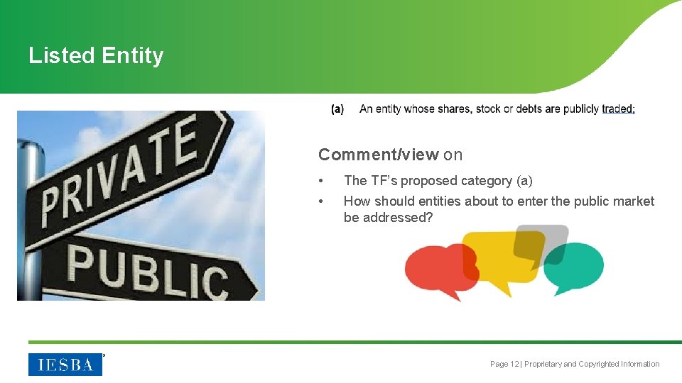 Listed Entity Comment/view on • • The TF’s proposed category (a) How should entities