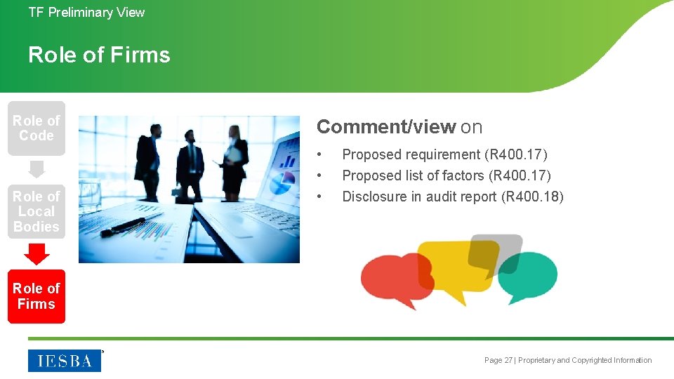 TF Preliminary View Role of Firms Role of Code Role of Local Bodies Comment/view