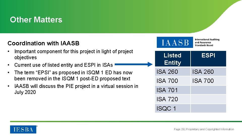 Other Matters Coordination with IAASB • Important component for this project in light of