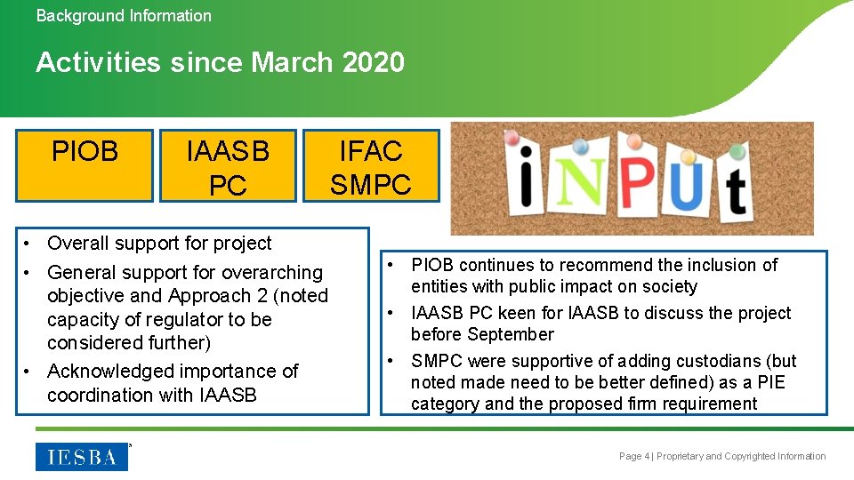 Background Information Activities since March 2020 PIOB IAASB PC • Overall support for project