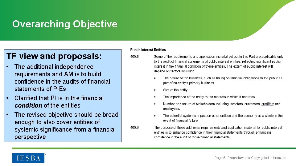 Overarching Objective TF view and proposals: • The additional independence requirements and AM is