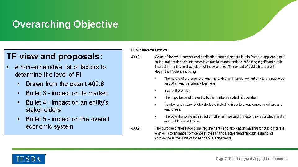 Overarching Objective TF view and proposals: • A non-exhaustive list of factors to determine
