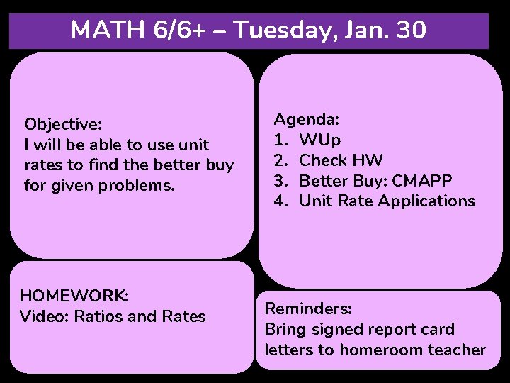 MATH 6/6+ – Tuesday, Jan. 30 Objective: I will be able to use unit