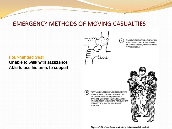 EMERGENCY METHODS OF MOVING CASUALTIES Four-handed Seat Unable to walk with assistance Able to