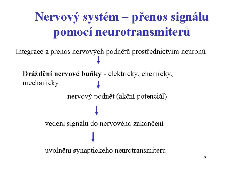 Nervový systém – přenos signálu pomocí neurotransmiterů Integrace a přenos nervových podnětů prostřednictvím neuronů