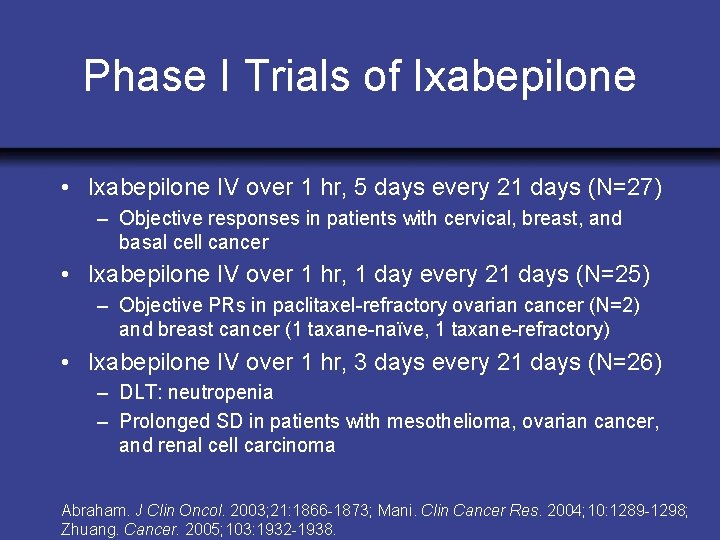 Phase I Trials of Ixabepilone • Ixabepilone IV over 1 hr, 5 days every
