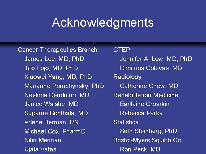 Acknowledgments Cancer Therapeutics Branch James Lee, MD, Ph. D Tito Fojo, MD, Ph. D