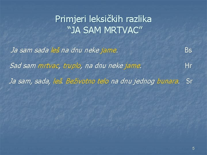 Primjeri leksičkih razlika “JA SAM MRTVAC” Ja sam sada leš na dnu neke jame.