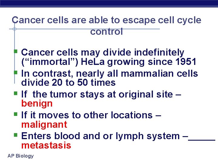Cancer cells are able to escape cell cycle control § Cancer cells may divide