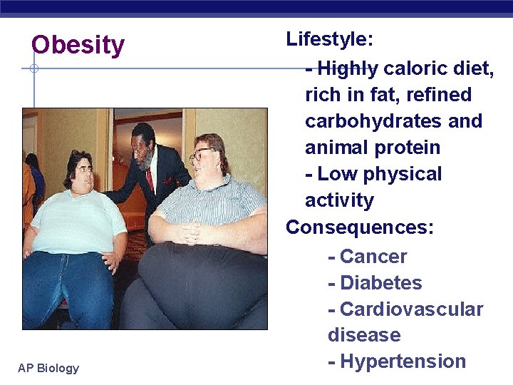 Obesity AP Biology Lifestyle: - Highly caloric diet, rich in fat, refined carbohydrates and