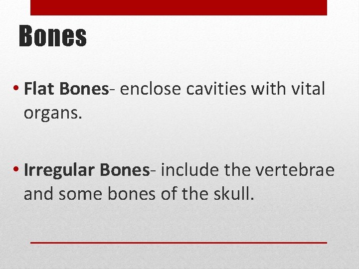 Bones • Flat Bones- enclose cavities with vital organs. • Irregular Bones- include the