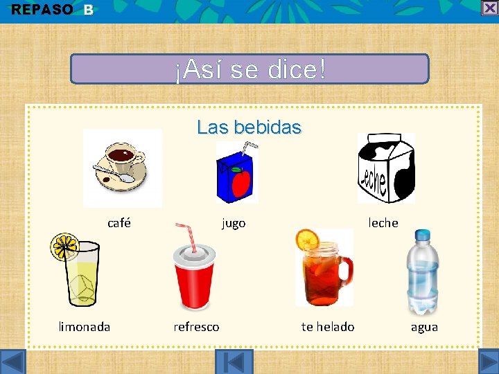 REPASO B ¡Así se dice! Las bebidas café limonada jugo refresco leche te helado