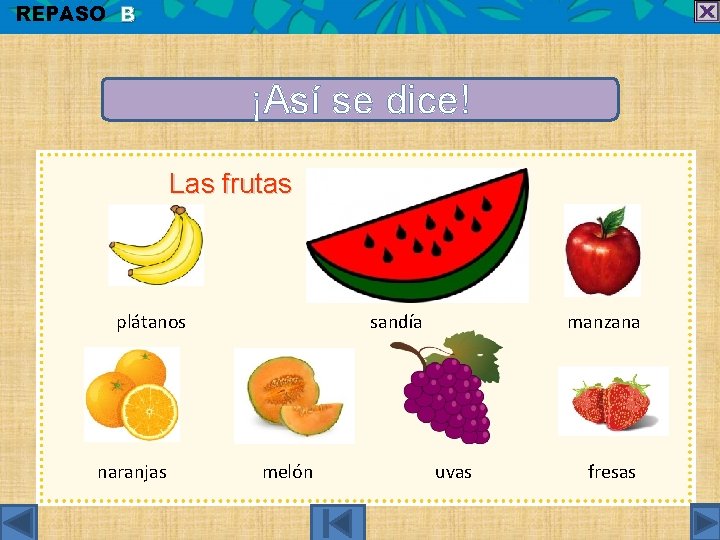 REPASO B ¡Así se dice! Las frutas plátanos naranjas sandía melón manzana uvas fresas