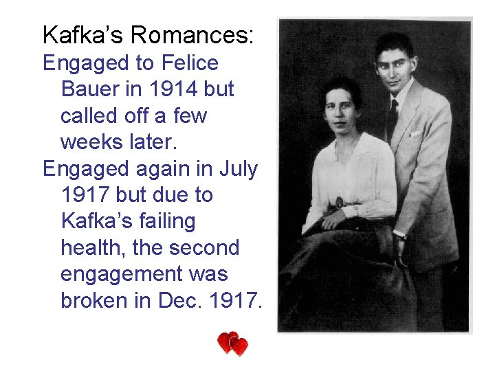 Kafka’s Romances: Engaged to Felice Bauer in 1914 but called off a few weeks