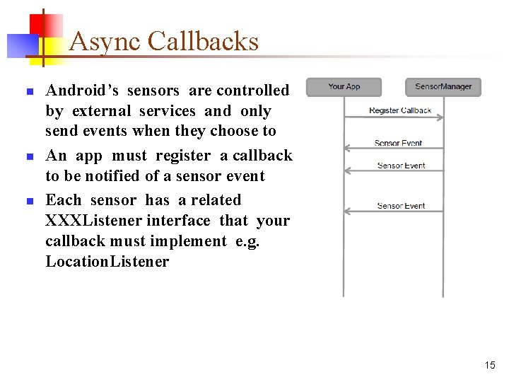 Async Callbacks n n n Android’s sensors are controlled by external services and only