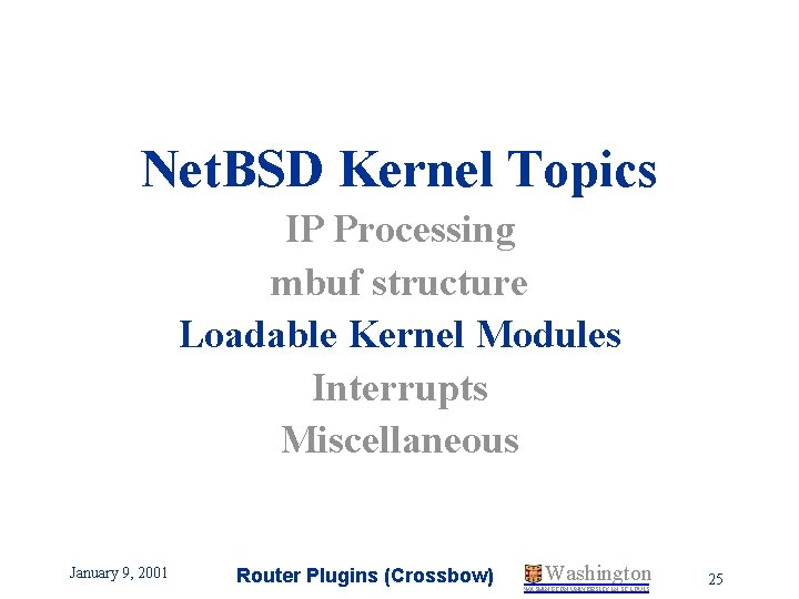 Net. BSD Kernel Topics IP Processing mbuf structure Loadable Kernel Modules Interrupts Miscellaneous January