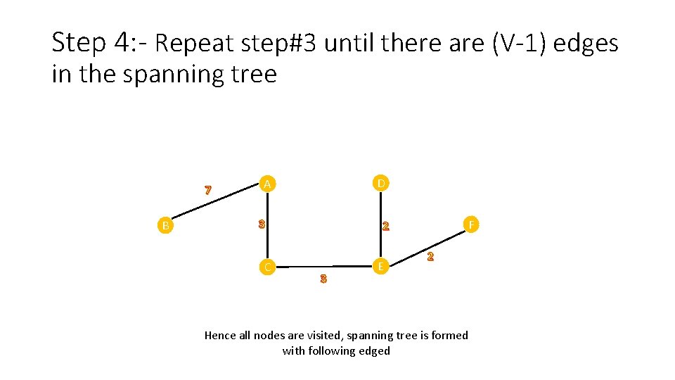 Step 4: - Repeat step#3 until there are (V-1) edges in the spanning tree