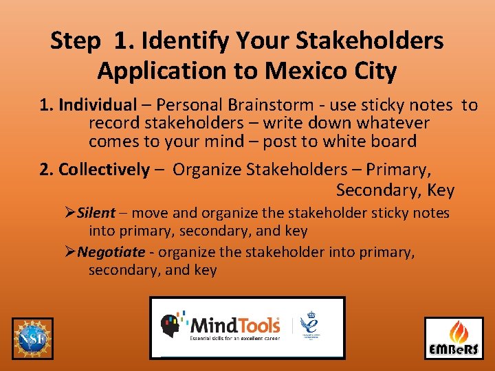 Step 1. Identify Your Stakeholders Application to Mexico City 1. Individual – Personal Brainstorm