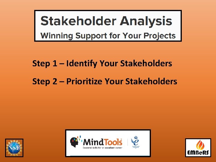 Step 1 – Identify Your Stakeholders Step 2 – Prioritize Your Stakeholders 